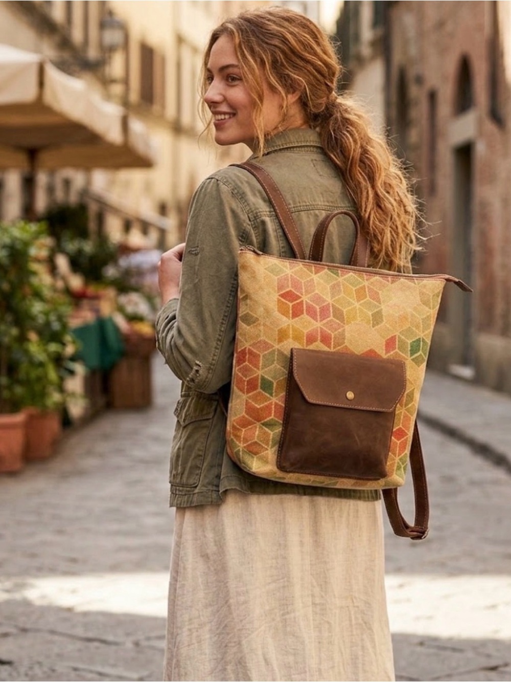 Multicolor Geometric Canvas Backpack with Brown Leather Pocket, Cott n Curls